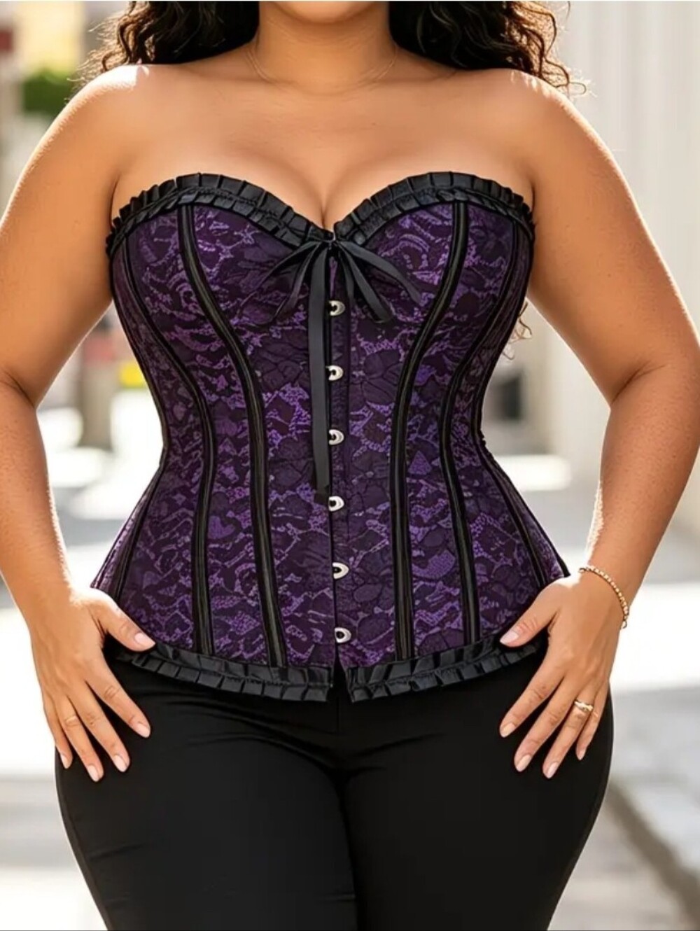 Trendy Floral Purple Lace Strapless Overbust Corset Top